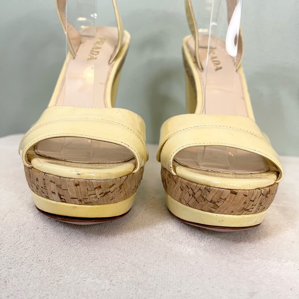 PRADA Women's Yellow Leather Ankle Strap Cork High Heels Sandal Size 36.5 - Picture 4 of 16